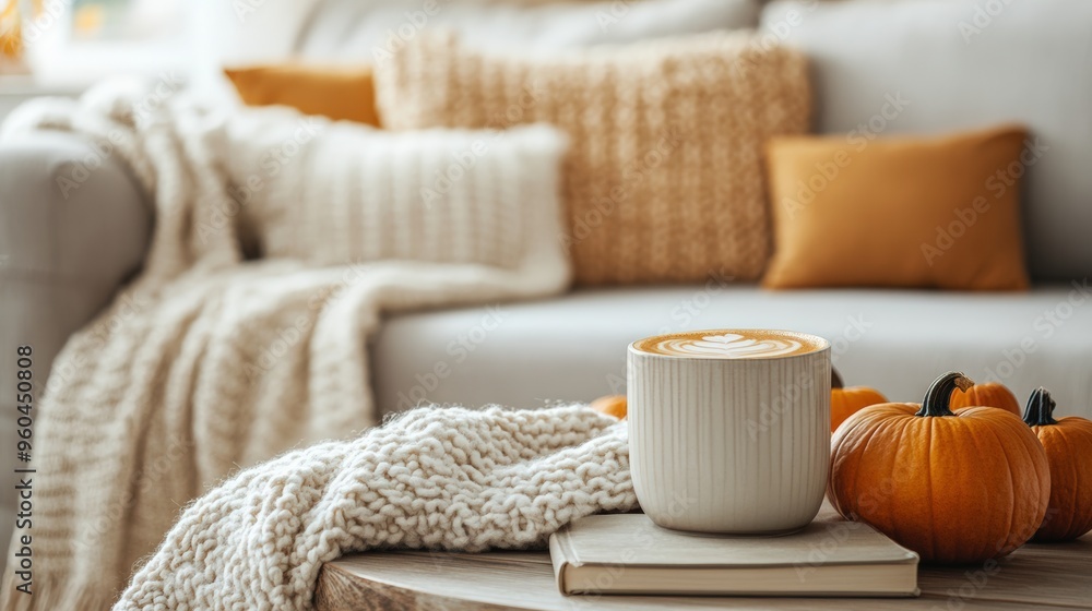 Modern living room with soft lighting and Scandinavian design. Pumpkin latte in a glass in a cozy bright living room. autumn comfort at home Modern living room with soft lighting and Scandinavian design. Pumpkin latte in a glass in a cozy bright living room. autumn comfort at home