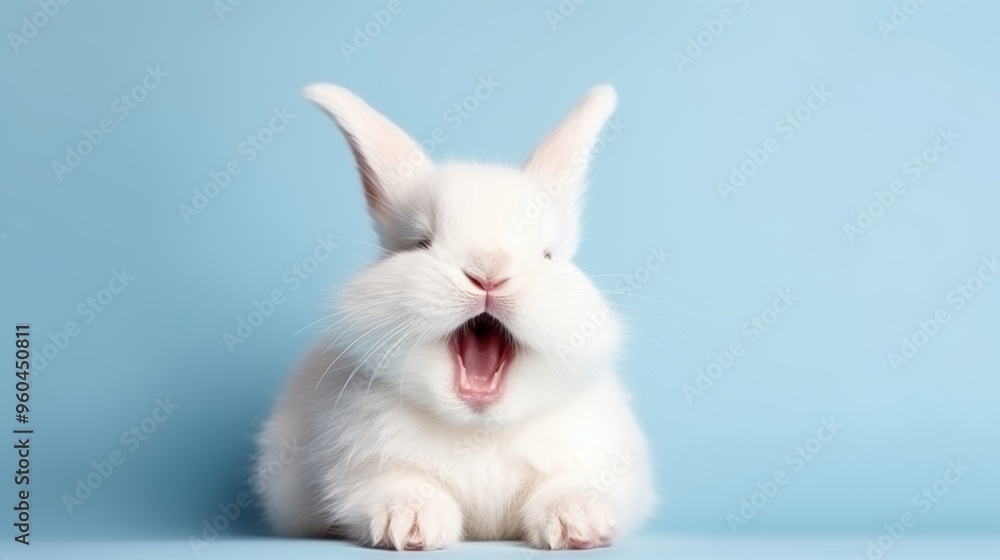 Fototapeta premium cute animal pet rabbit or bunny white color smiling and laughing isolated with copy space for easter background, rabbit, animal, pet, cute, fur, ear, mammal, background, celebration, generate by AI