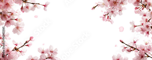 Dreamy watercolor painting of cherry blossoms in full bloom, delicate pink petals, ethereal vignette effect, soft whimsical atmosphere, isolated PNG on transparent background, vibrant floral art.