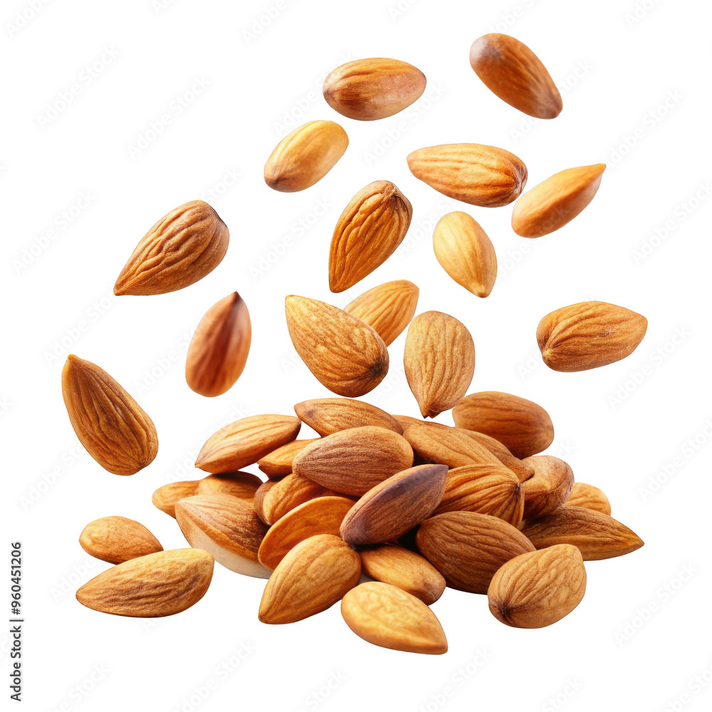 Whole almonds in motion falling and piled on white background, ideal for healthy snacks and food concepts Whole almonds in motion falling and piled on white background, ideal for healthy snacks and food concepts