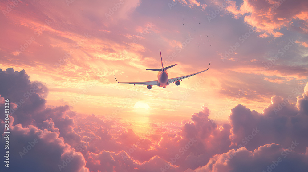 un avion volando sobre las nubes en un hermoso atardecer a velocidad y libertad siguiendo su trayecto como medio de transporte viajes y vacaciones vuelo internacional un avion volando sobre las nubes en un hermoso atardecer a velocidad y libertad siguiendo su trayecto como medio de transporte viajes y vacaciones vuelo internacional