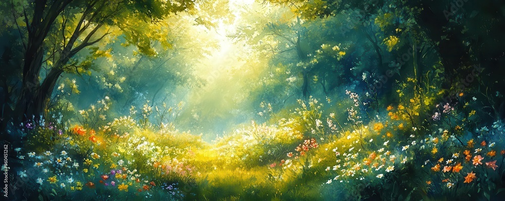 An enchanting high-angle view of a lush green forest filled with colorful wildflowers An enchanting high-angle view of a lush green forest filled with colorful wildflowers