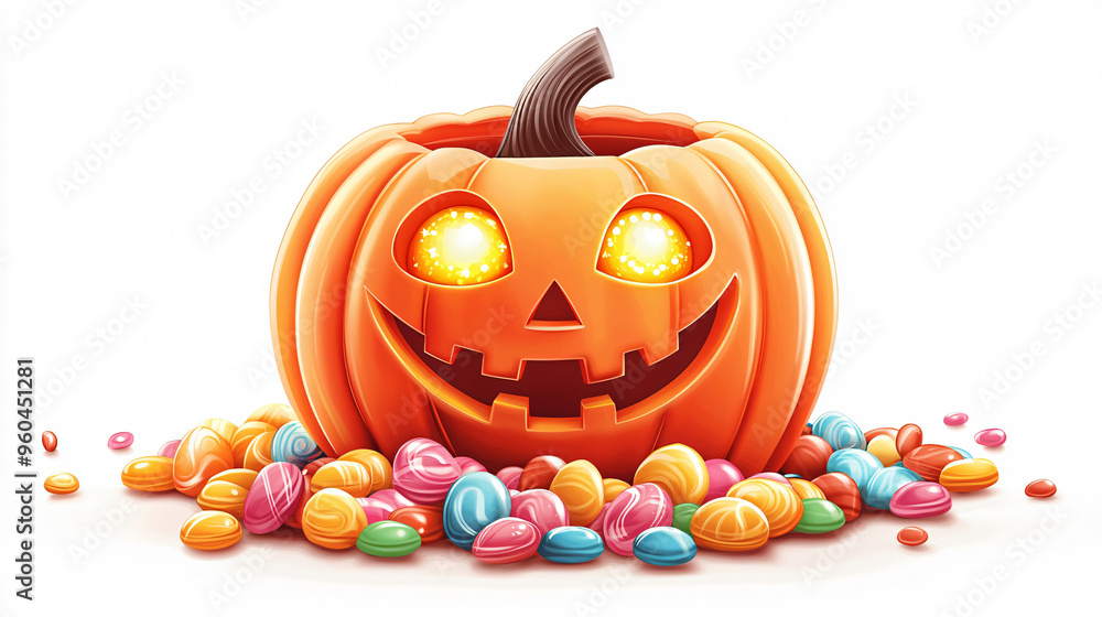 Glowing Jack O' Lantern Candy Bucket Filled with Halloween Treats in Spooky Illustration Glowing Jack O' Lantern Candy Bucket Filled with Halloween Treats in Spooky Illustration