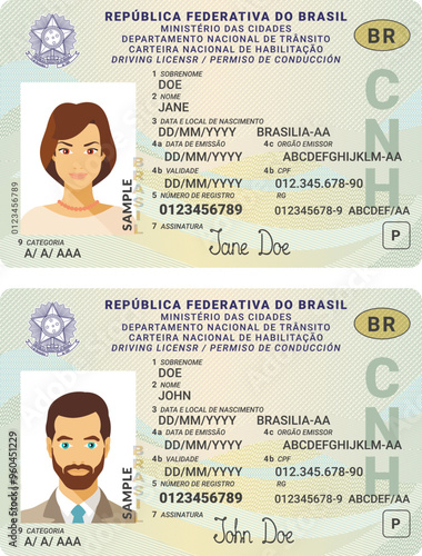 Vector template of toy driver license plastic card for Brazil, front side, for games only