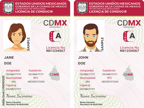 Vector template of toy driver license plastic card for Mexico, front side, for games only