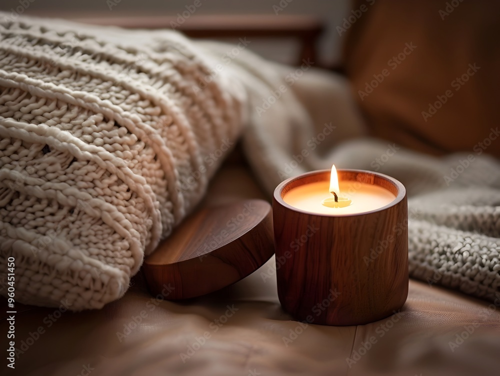 Glowing Wooden Lid Candle in Cozy Reading Nook Soft Atmospheric Lighting for Relaxation and Tranquility Glowing Wooden Lid Candle in Cozy Reading Nook Soft Atmospheric Lighting for Relaxation and Tranquility