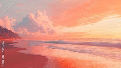 A tranquil beach at sunset, with the sky painted in shades of orange and pink.