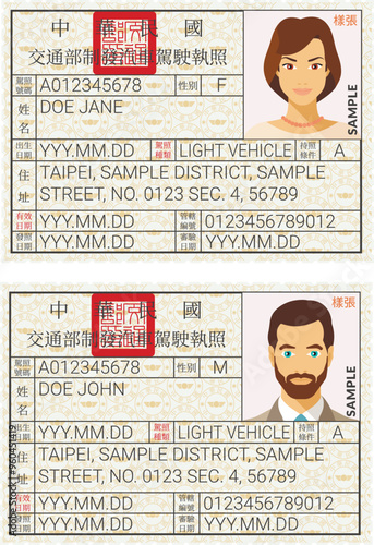Vector template of toy driver license plastic card for Taiwan, front side, for games only