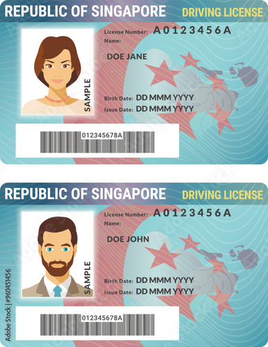 Vector template of toy driver license plastic card for Singapore, front side, for games only