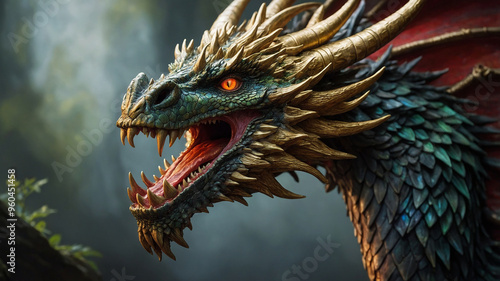 Majestic dragon with green and gold scales, and vibrant red wings in a mystical forest setting.