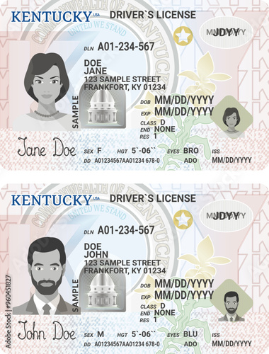 Vector template of toy driver license plastic card for USA Kentucky, front side, for games only