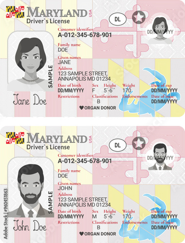 Vector template of toy driver license plastic card for USA Maryland, front side, for games only
