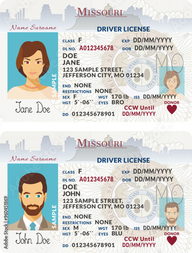 Vector template of toy driver license plastic card for USA Missouri, front side, for games only