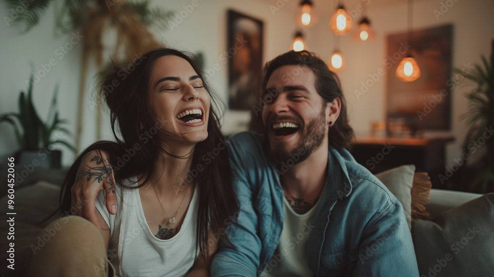A couple joyfully interacting in a cozy, softly lit setting, sharing a moment of laughter and closeness. A couple joyfully interacting in a cozy, softly lit setting, sharing a moment of laughter and closeness.
