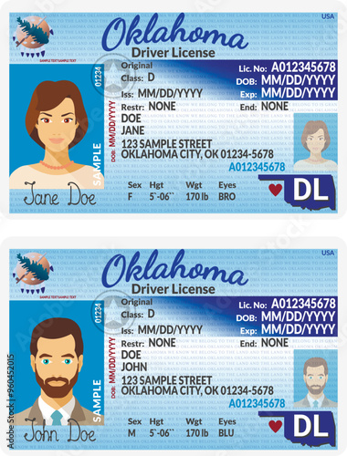 Vector template of toy driver license plastic card for USA Oklahoma, front side, for games only