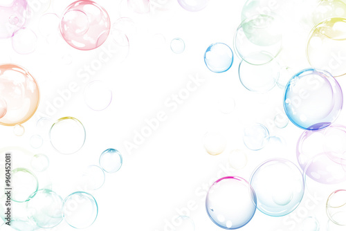 Dreamy multicolored bubbles, iridescent spheres, and translucent orbs floating in pastel hues with light refraction and delicate textures, isolated PNG on transparent background, bokeh abstract photo