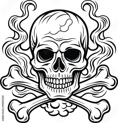 Skull and Crossbones and grunge smoke sketch illustration