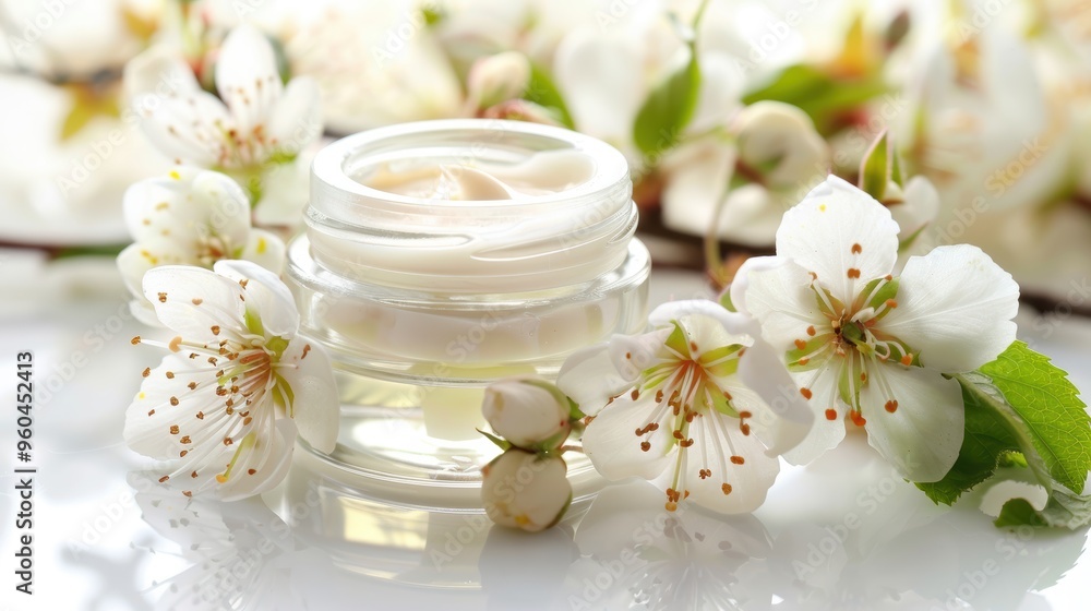 whitening and moisturizing Face cream in an open glass jar and flowers on white background. Set for spa, skin care and body products and solutions for skin problems such as scars, acne, wrinkles. whitening and moisturizing Face cream in an open glass jar and flowers on white background. Set for spa, skin care and body products and solutions for skin problems such as scars, acne, wrinkles.
