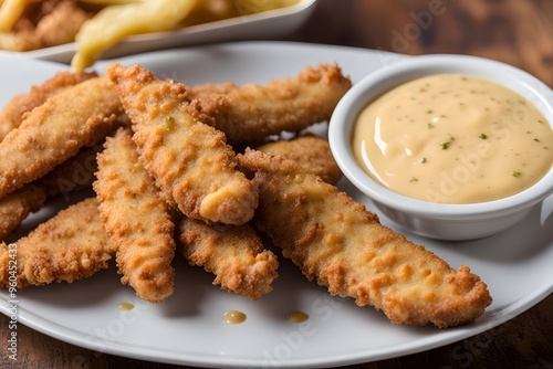 Crispy chicken tenders served with a side of honey mustard dipping sauce, AI Generated