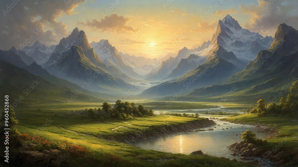 Fototapeta premium Sunset over a serene valley with a river and majestic mountains in the background, peace and beauty.