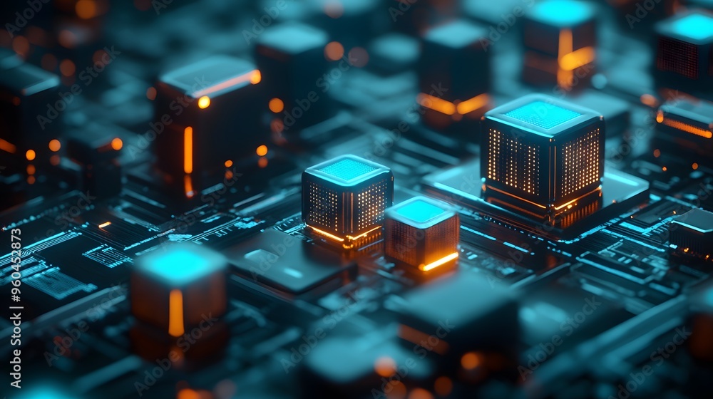 3D Matrix of Glowing Data Cubes: A Futuristic Blueprint of Big Data Complexity on Circuit Canvas 3D Matrix of Glowing Data Cubes: A Futuristic Blueprint of Big Data Complexity on Circuit Canvas