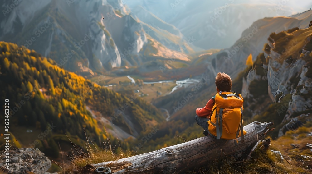 custom made wallpaper toronto digitalHiker Resting on Log Enjoying Scenic Valley View During Hiking Adventure in Rugged Mountain Landscape