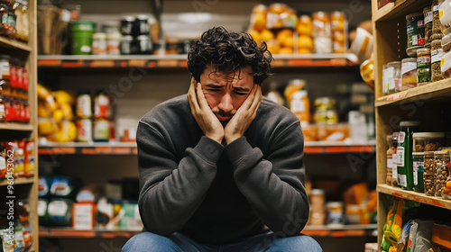 un hombre preocupado en una tienda o supermercado triste por no poder comprar lo que necesita para comer con su familia pobreza y desesperacion economica photo