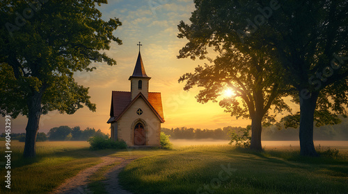 un paisaje de una capilla catolica cristiana en medio de los arboles en un campo abierto al amanecer  photo