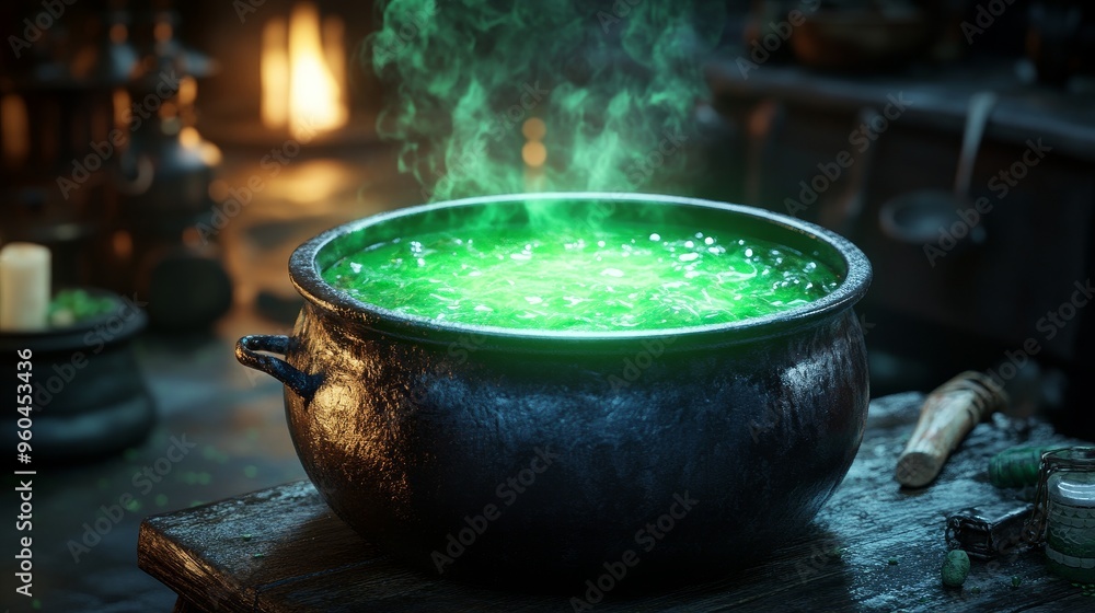 A mystical cauldron bubbling with vibrant green liquid, surrounded by a magical atmosphere, ideal for fantasy-themed designs. A mystical cauldron bubbling with vibrant green liquid, surrounded by a magical atmosphere, ideal for fantasy-themed designs.