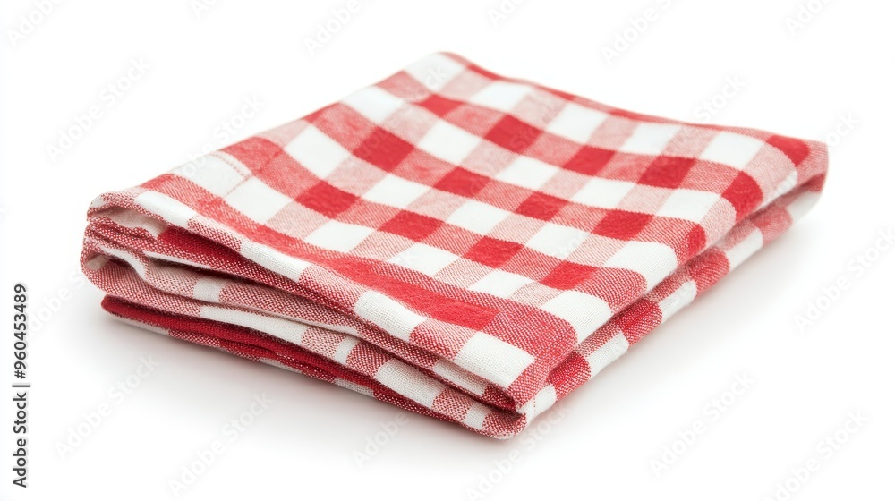 A neatly folded red and white checkered cloth, perfect for picnics or kitchen decor, adding a classic touch to any setting. A neatly folded red and white checkered cloth, perfect for picnics or kitchen decor, adding a classic touch to any setting.