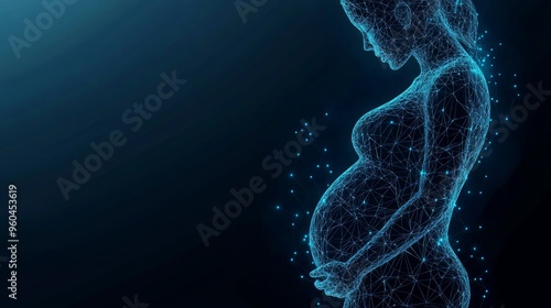 Closeup of an abstract pregnant woman with embryo in her maw side view. Isolated pregnancy medical concept on white. Vector low poly wireframe illustrations with connected dots, and triangle shapes photo