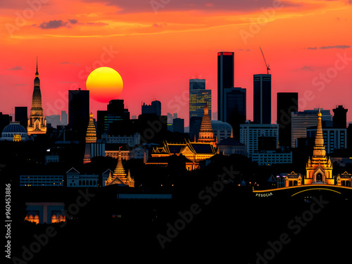 Silhouette of Bangkok cityscape at sunset. Vector illustration.