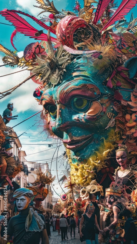 The parade showcases a spectacular display of creativity with giant puppet floats and participants in detailed, extravagant costumes, entertaining the lively, joyous crowd, unusualness explosion The parade showcases a spectacular display of creativity with giant puppet floats and participants in detailed, extravagant costumes, entertaining the lively, joyous crowd, unusualness explosion
