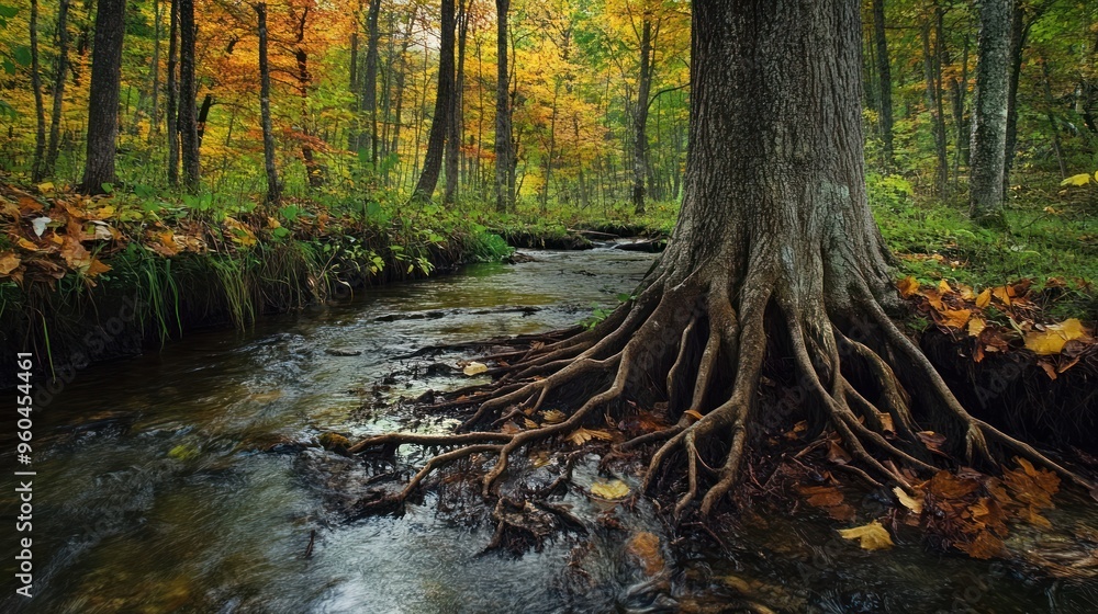 Obraz premium Autumn Forest Stream with Tree Roots