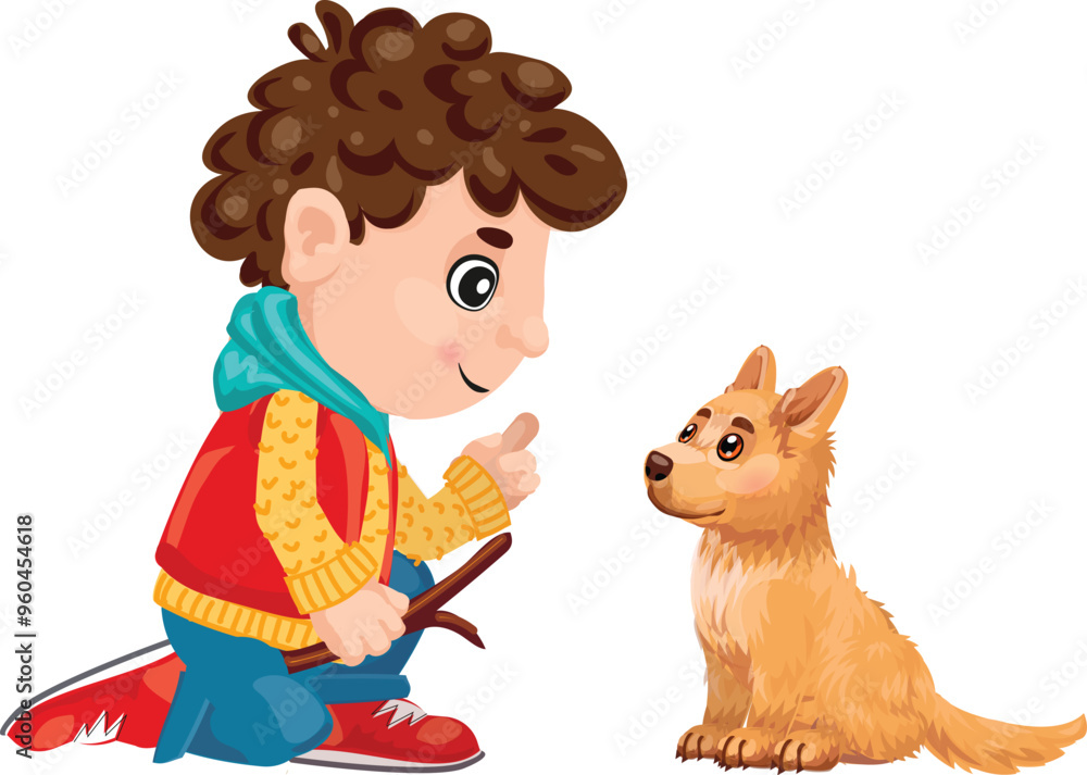 Fototapeta premium Cartoon little boy kneeling and holding a stick, training a cute puppy dog sitting and waiting for a command
