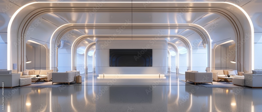 Obraz premium Advanced Futuristic Airport: Environment with High-Tech Terminals, Automated Systems, and Modern Aircraft Design