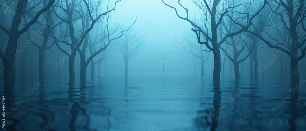 Obraz premium Enigmatic Misty Swamp: Spooky ing of Twisted Trees and Reflective Waters