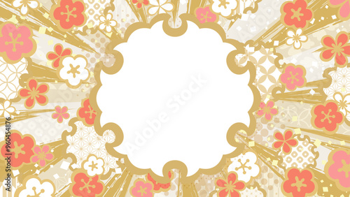 アメコミ風の和柄の雪輪と梅の花の背景イラスト_16:9