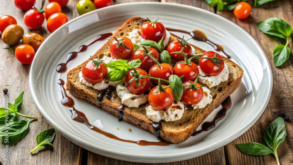 Delicious toast topped with cherry tomatoes, basil, and balsamic, styled for a refreshing and healthy meal. Delicious toast topped with cherry tomatoes, basil, and balsamic, styled for a refreshing and healthy meal.