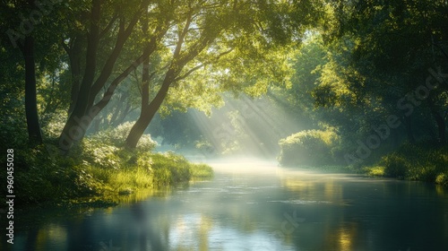 A tranquil river flowing through a lush green forest, with sunlight filtering through the trees.