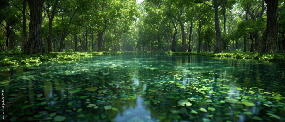Tranquil Forest Lake Reflection - High- of Serene Lake with Clear Water and Lush Trees Creating a Peaceful Atmosphere Tranquil Forest Lake Reflection - High- of Serene Lake with Clear Water and Lush Trees Creating a Peaceful Atmosphere