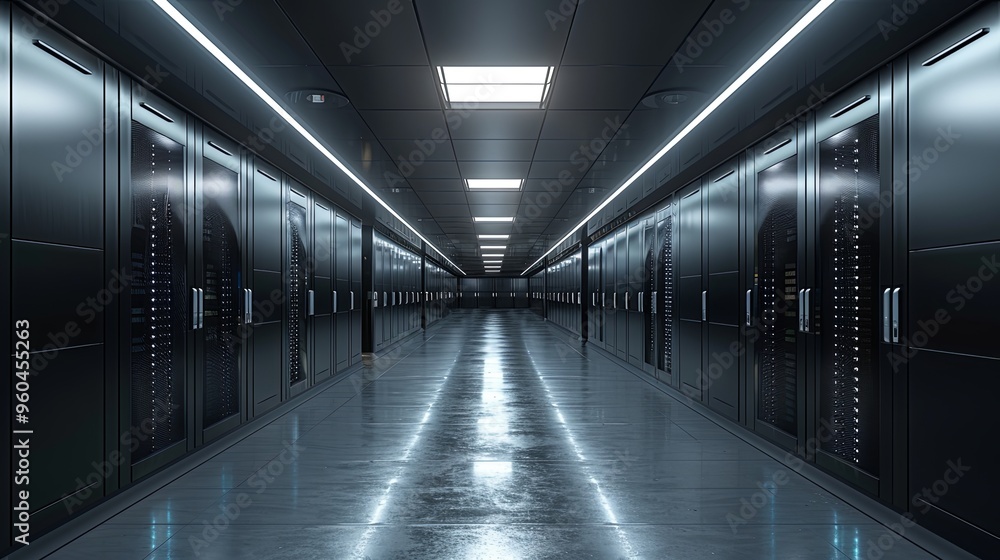 Fototapeta premium Server room data center. Backup, mining, hosting, mainframe, farm and computer rack with storage information. 3d render