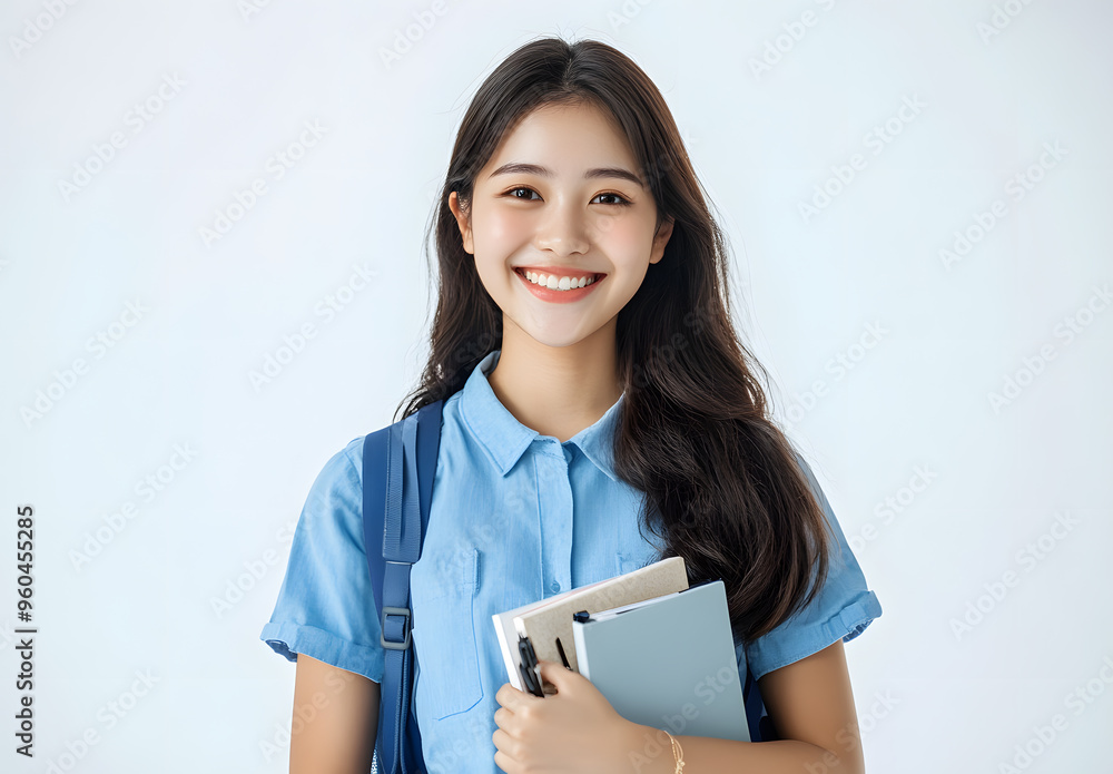 an attractive Asia womale student smiling and holding a book an attractive Asia womale student smiling and holding a book