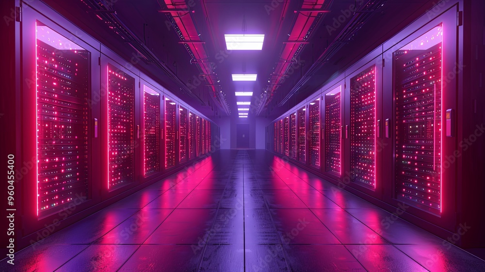 Fototapeta premium Server room data center. Backup, mining, hosting, mainframe, farm and computer rack with storage information. 3d render