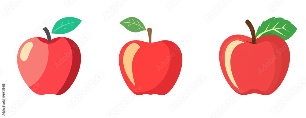 Simple red apple illustrations with clean lines, green leaf stems, cartoonish style, flat colors, one partly shaded, isolated PNG on transparent background Simple red apple illustrations with clean lines, green leaf stems, cartoonish style, flat colors, one partly shaded, isolated PNG on transparent background