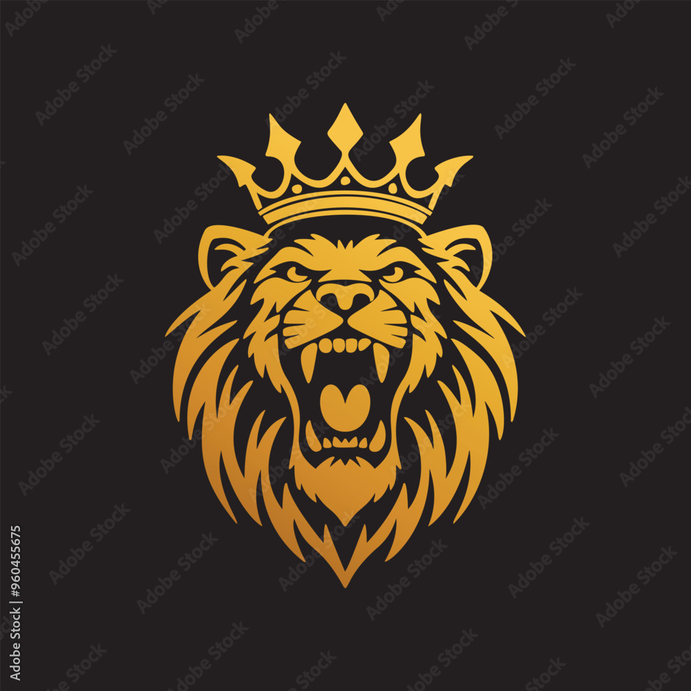 Obraz premium head of an evil lion with a crown.vector illustration on a black background