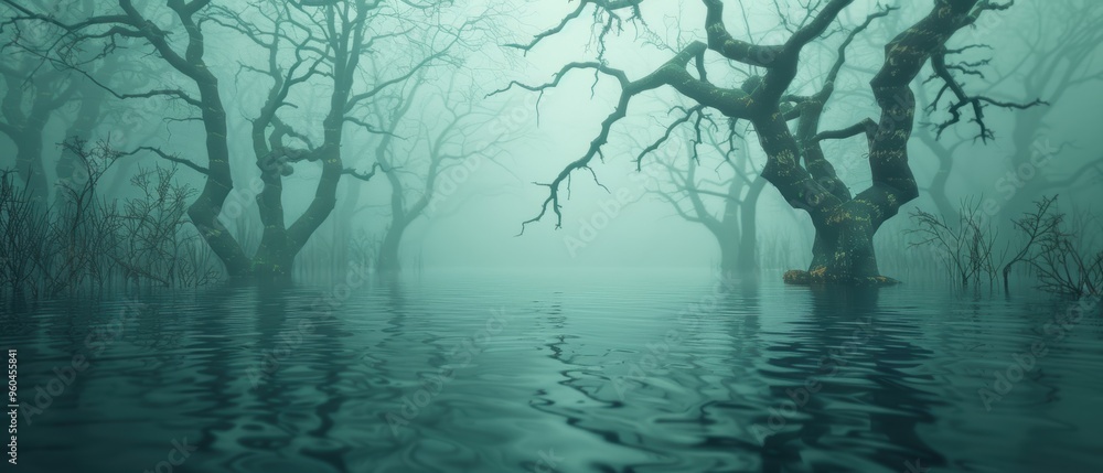 Obraz premium Enigmatic Swamp: Eerie Environment with Fog, Gnarled Trees, and Mysterious Sounds