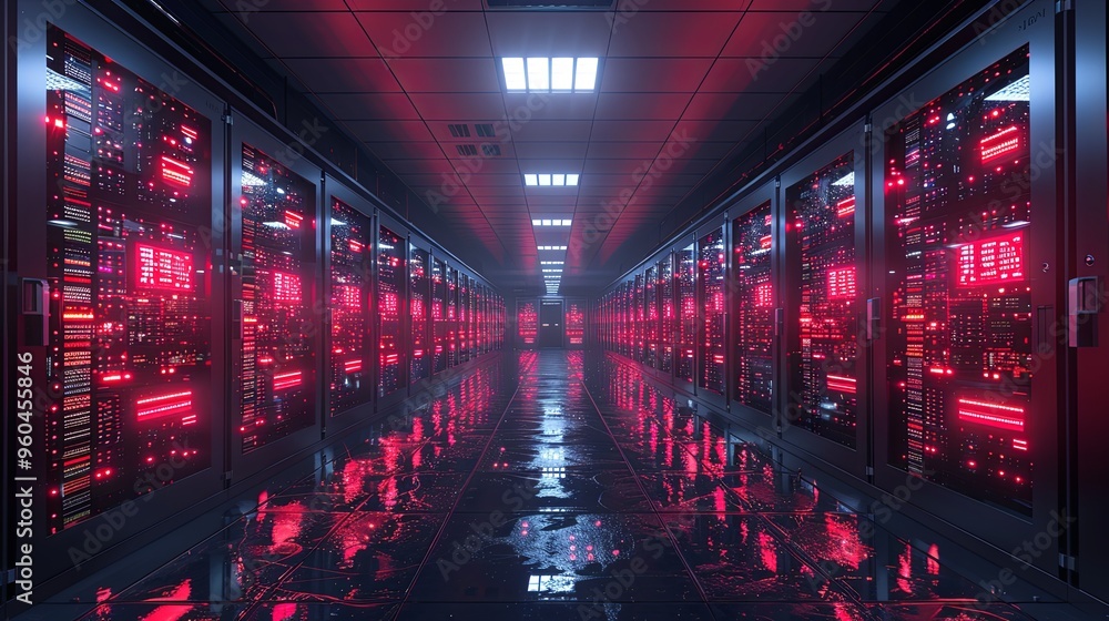Server room data center. Backup, mining, hosting, mainframe, farm and computer rack with storage information. 3d render Server room data center. Backup, mining, hosting, mainframe, farm and computer rack with storage information. 3d render