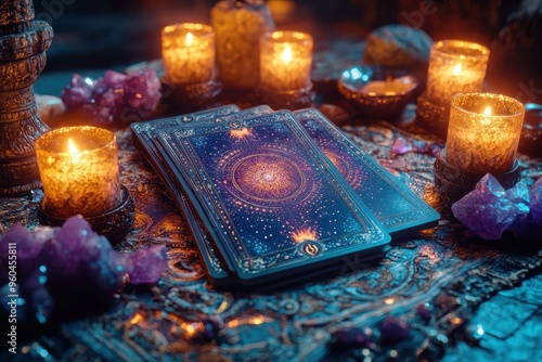 Mystical Tarot Card Setup with Candles and Crystals

