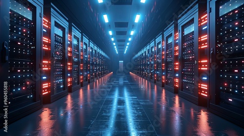 Server room data center. Backup, mining, hosting, mainframe, farm and computer rack with storage information. 3d render photo